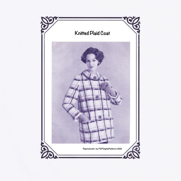 PDF 1950's Knitted Plaid Coat -Size 10-12, 14-16, 18-20  (Bust 34"-40")  -  Knitting patterns - Digital Download