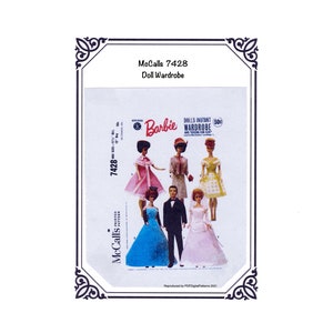 PDF LETTER SIZE 60&#39;s Barbie wardrobe and Tuxedo for Ken McCalls 7428 sewing pattern for 11 1/2&quot; girl dolls, 12&quot; boy dolls 8 1/2&quot; x 11&quot; Repro