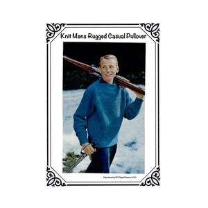 May include: A vintage image of a person wearing a blue knit pullover sweater, holding skis. The text at the top reads "Knit Mens Rugged Casual Pullover". The image is framed with a decorative black border.