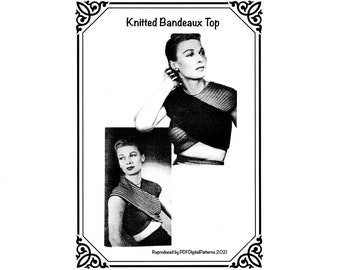 PDF 1940's Vintage Knitted Ribbed Bandeaux Crop Top - One size -  Knitting patterns - Digital Download