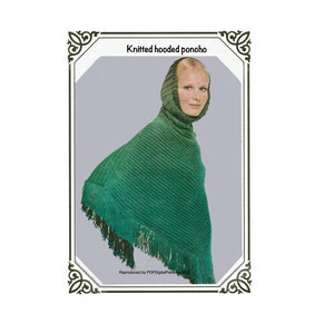 May include: A knitted green hooded poncho with fringe detail. The image shows a woman wearing the poncho, with the text "Knitted hooded poncho" at the top. The image is framed with an ornate border.