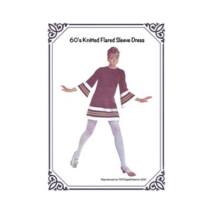 May include: A vintage illustration of a 60's knitted flared sleeve dress. The dress is dark red with white and gold stripes at the hem and sleeve cuffs. The model is wearing white tights and matching shoes. The text "60's Knitted Flared Sleeve Dress" is at the top.