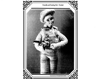 PDF Crochet Fashion Doll or 11 1/2" to 12" doll - Overalls, Blouse and Cowboy Hat Pattern - Digital Download