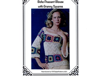 PDF Vintage Crochet Boho Peasant Blouse with Granny Squares - Digital Download