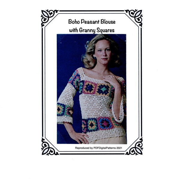 PDF Vintage Crochet Boho Peasant Blouse with Granny Squares - Digital Download