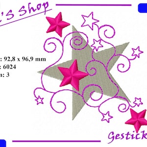 Puede incluir: Diseño bordado con una gran estrella gris con estrellas rosas y espirales. El diseño mide 92,8 mm por 96,9 mm y tiene 6024 puntadas. El texto "Susi's Shop" y "Gestickt" también están incluidos en el diseño.