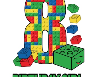 8th Birthday Girl Building Blocks PNG Design (Digital Download)