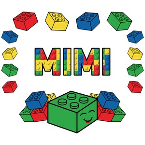 Könnte beinhalten: Ein grüner Spielzeugblock mit einem lächelnden Gesicht und einer roten Zunge, die herausragt. Der Block ist von kleineren bunten Blöcken in Rot, Gelb, Blau und Grün umgeben. Das Wort "MIMI" ist in bunten Blöcken über dem Hauptblock geschrieben.