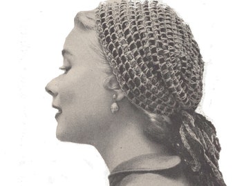 May include: A vintage black and white photograph of a woman wearing a crocheted head covering. The head covering is a net-like design, and the woman is wearing a pearl earring. The woman is facing left.