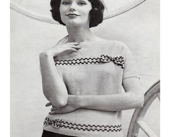 PDF Digital Delivery Vintage 1950s Knitting Pattern / Women's 50s Knit Slipover/Sweater with Bows/Checked pattern/Boat neck/Digital Download