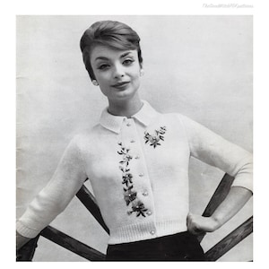 PDF Digital Delivery Vintage 1950s Knitting Pattern / Women&#39;s 50s Knit Cardigan / Sweater with Collar / Floral Embroidery Transfer