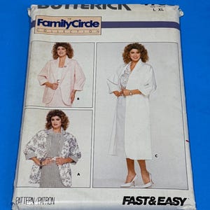 May include: A Butterick Family Circle Collection sewing pattern envelope for sizes L-XL. The front features three illustrations of jackets and coats labeled A, B, and C, with the text "FAST & EASY" printed in black at the bottom right corner.
