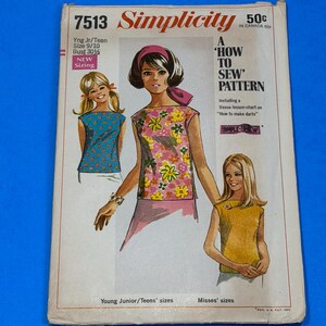 Simplicity 7513 Young Junior/Teens Blouse / Top sewing pattern - Size 9/10 , Bust 30 1/2 " - A How to Sew pattern - Complete