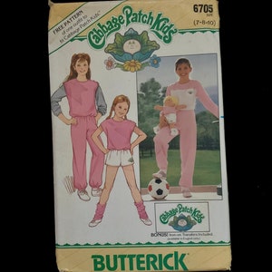 UNCUT Butterick 6705-Cabbage Patch Kids Girls Top, Vest, Shorts and Pants Sewing Pattern with transfers and matching doll outfit-Size 7-8-10