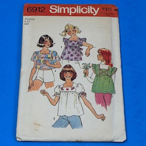 1970's Simplicity 6912 Girls Summer Tops Sewing Pattern - Size 8-10, Bust27-28 1/2" -  or size 6-7 Bust 25-26 - Both Cut and Complete