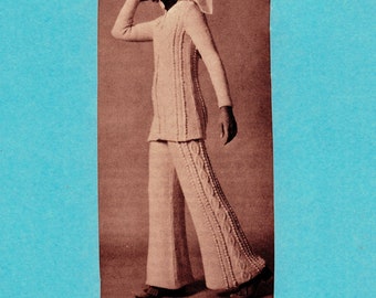PDF Vintage 1970s Women&#39;s Aran Pantsuit - Bell bottom pants -Knitting Pattern/ - knit Aran pattern sweater and pants /Digital Download