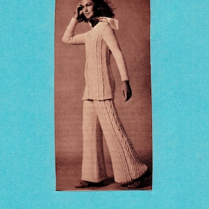 PDF Vintage 1970s Women's Aran Pantsuit - Bell bottom pants -Knitting Pattern/ - knit Aran pattern sweater and pants /Digital Download