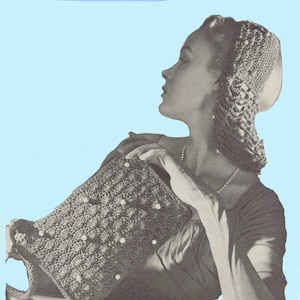 May include: A vintage-style crochet handbag with pearl embellishments. The bag is a dark color, possibly brown or gray, with a textured pattern. The image also shows a matching crochet head covering.