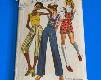 Simplicity 9375 Misses Pants- 2 lengths w/ detachable bib or gaucho pants Sewing Pattern w/ transfer-Size 12, Waist 25 1/2, Hip 36"-Complete