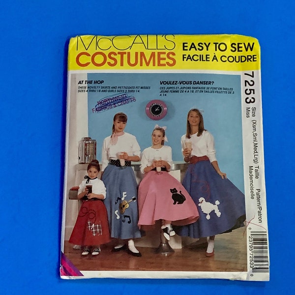 UNCUT McCall's Costumes pattern 7253 Pull On Skirt and petticoat Poodle Skirt - Size Xsm, Sml, Med, Lrg - Misses 4-18
