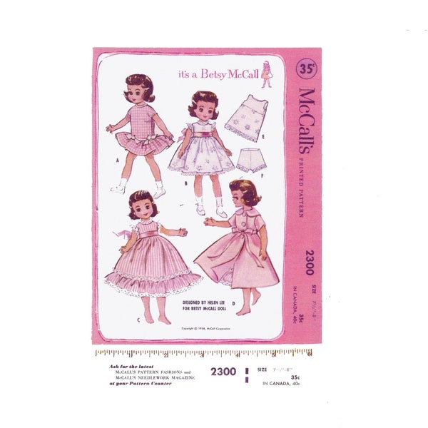 PDF McCalls 2300 Vintage Betsy McCall 7 1/2" to 8” Doll Wardrobe Sewing Pattern for 8 1/2 x 11" paper Designed by Helen Lee -  REPRO