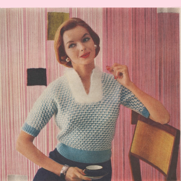 PDF 50's Vintage Teatime -Angora Trim Blouse- Overblouse - sweater knitting pattern  - Digital Delivery Vintage 1950s - Sizes 12, 14, 16, 18