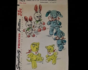 Download digital em PDF Papel para contabilidade A3 Simplicity 1403 Padrão de costura para animais de pelúcia vintage, coelho, gatinho, gato, cachorrinho, cachorro, 12" + 7,5"