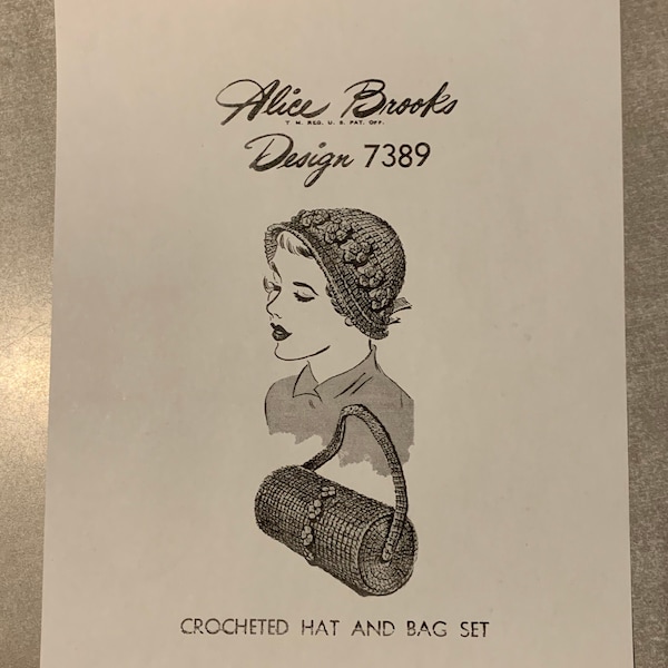 PDF 40's Vintage Crochet hat and bag set pattern - mail order Alice Brooks Design 7389 Digital Delivery