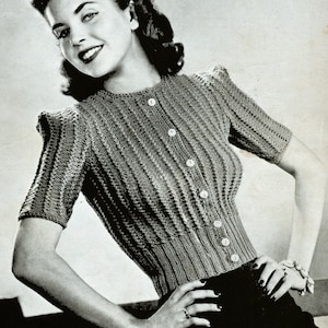 Jaren &#39;40 Knoop aan de voorkant geribbelde trui breipatroon - Beste meisje - PDF Digitale levering / Dames jaren &#39;40 gebreide trui / Vest - knopen