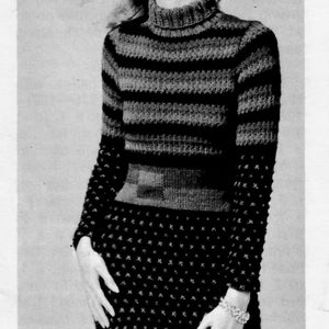 PDF Digital Delivery Vintage 1970s Knitting Pattern / Women&#39;s 70s Knit Sweater Dress with turtleneck-stripes/Digital Download