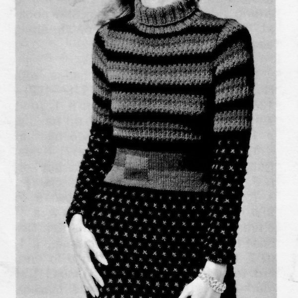 PDF Digital Delivery Vintage 1970s Knitting Pattern / Women's 70s Knit Sweater Dress with turtleneck-stripes/Digital Download