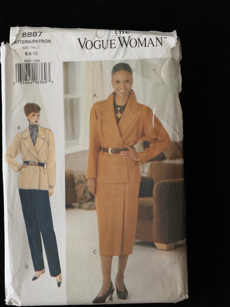 Size 6-8-10 lined jacket 90/'s Vogue Woman 3 piece suit Uncut skirt and pants Sewing Pattern 8887
