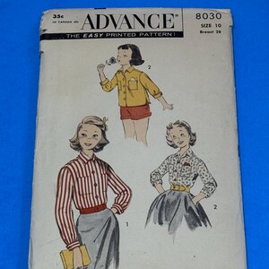 May include: Vintage Advance sewing pattern 8030, size 10, featuring illustrations of women's blouses and skirts. The pattern cover is off-white with text and illustrations in black and red. The price is 35 cents.