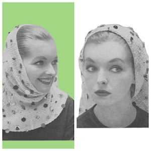 May include: Two vintage black and white images of a woman wearing a white knitted headscarf. The headscarf is adorned with various dark and light-colored embellishments. The woman in the left image is smiling, while the woman in the right image has a neutral expression.