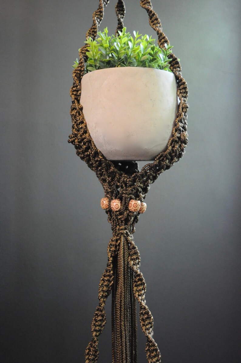 67 IndoorOutdoor Polyolefin Boho Home Decor Handmade Macrame 2 plant pot Plant Hanger Brown with wood beads