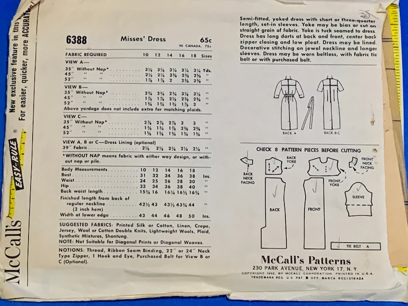 Puede incluir: Patr&oacute;n vintage McCall's 6388 para un vestido de se&ntilde;ora. El patr&oacute;n incluye requisitos de tela, medidas corporales y telas sugeridas. El vestido tiene canes&uacute;, mangas montadas y cierre de cremallera. El patr&oacute;n es de 1962.