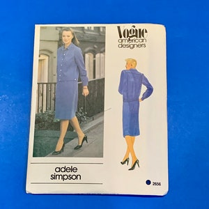 May include: Vogue American Designers sewing pattern featuring an Adele Simpson design. The pattern shows a woman in a blue skirt suit. The pattern includes a photo of the design and a line drawing. The pattern number is 2656.