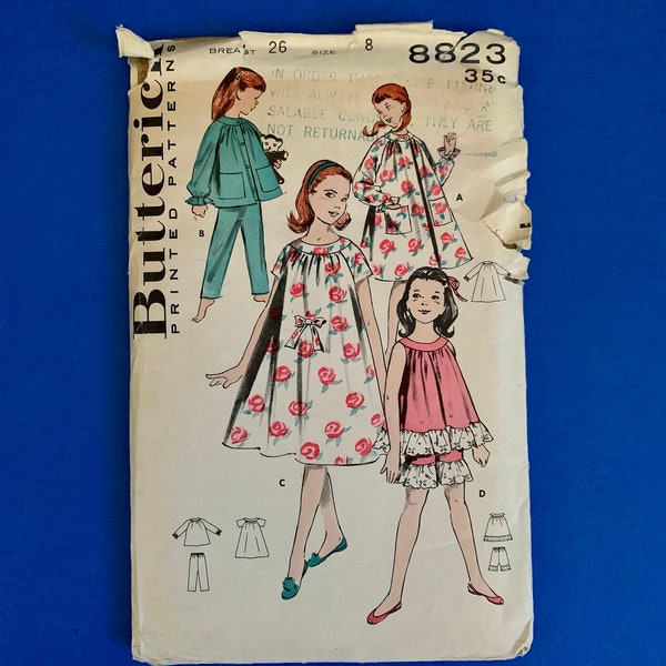 Rare Butterick 8823 Girls' Trapeze inspired nightwear - pajamas  Sewing Pattern - Size 8, Breast 26 - Complete