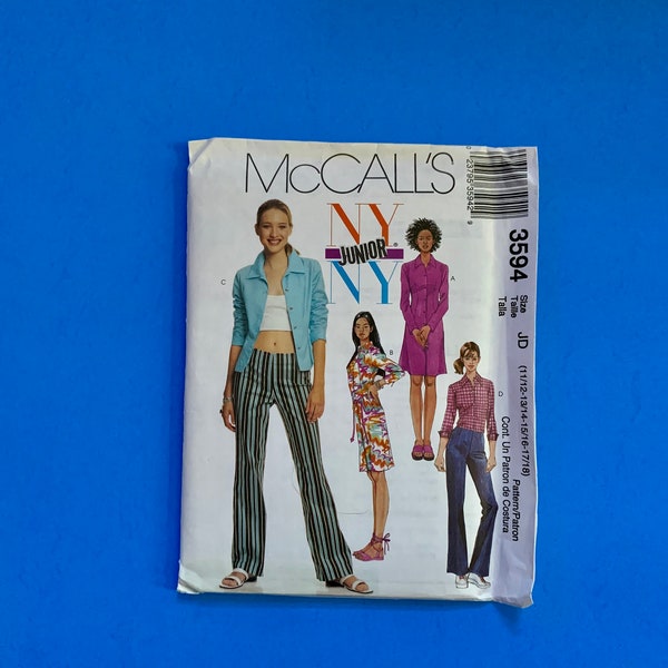 UNCUT McCall's 3594 - NY Junior Shirt Dresses, Shirt and Low Rise Pants Sewing Pattern Size 11/12-13/14/-15/16-17/18