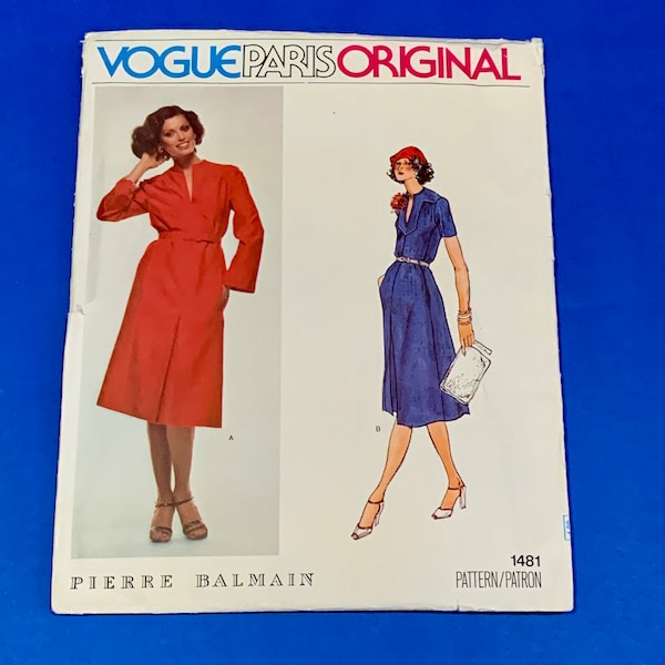 70's Vogue Paris Original 1481 Pierre Balmain Misses Loose fitting Dress Sewing Pattern - Size 10 Bust 32 1/2, waist 25, hip 34 1/2-Complete