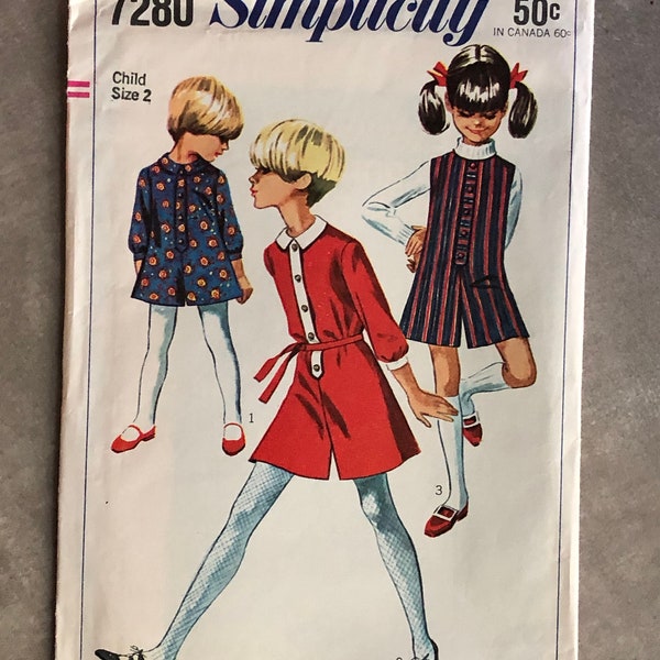 Simplicity 7280 Sewing Pattern Child's and girls' pant dress or pant jumper - dress jumper  Size 2 and Size 4 - Cut and complete