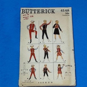 May include: Vintage Butterick sewing pattern, size 4, featuring illustrations of Western-style outfits. The pattern includes designs for shirts, pants, skirts, and hats. The cover is off-white with black and red text and illustrations.