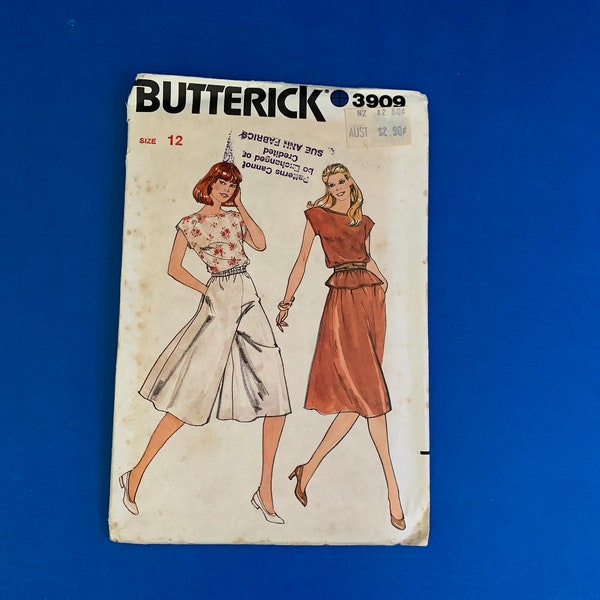 Butterick 3909 Misses Top, Skirt and Culottess Sewing pattern -  Size - 12 - Bust 34" - Complete