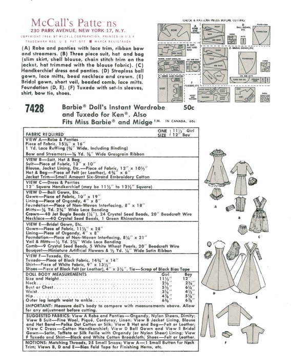 Reproduced McCalls 7311 - Barbie, Midge and Ken Doll Clothes Sewing  Patterns