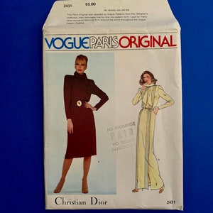May include: Vogue Paris Original sewing pattern featuring Christian Dior designs. The pattern envelope is white with illustrations of two dresses and text that reads "VOGUE PARIS ORIGINAL" and "Christian Dior". The price is $5.00.