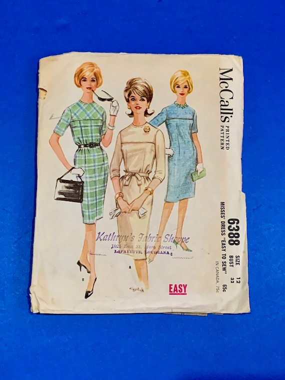 1960's  McCall's 6388 - Misses "Easy to Sew" Semi Fitted Dress sewing pattern-  Size 12, Bust 32 - Cut and Complete