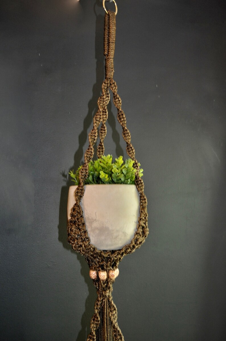 67 IndoorOutdoor Polyolefin Boho Home Decor Handmade Macrame 2 plant pot Plant Hanger Brown with wood beads
