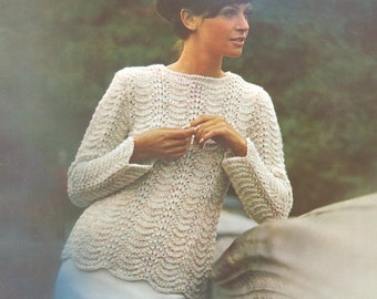 PDF Digital Delivery Vintage 1960s Knit Pattern Feather and Fan Pullover - scalloped design Sizes 12 (Sm) + 16 (med)  A4 - Digital Download