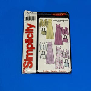 May include: A Simplicity sewing pattern package featuring illustrations of dresses, jackets, and handbags. The package includes the text "Simplicity" in red, and "It's so easy" in black. The pattern is for Misses' and Miss Petite sizes 8-18.