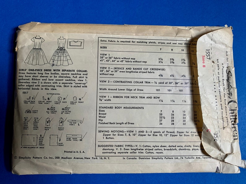 1950's Simplicity 1557 Girl's One-piece Dress With Separate Collar ...